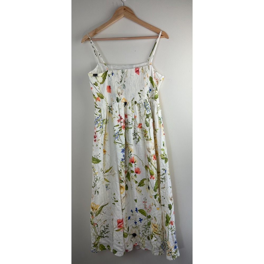 H&M LinenBlend Floral Midi Dress Medium White Wildflower Smocked Dainty Romantic - Picture 6 of 13